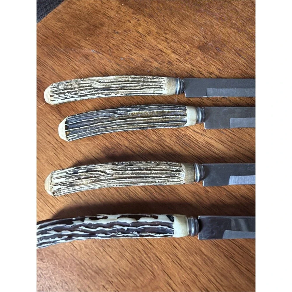 Stainless Steel Blade Steak Knives Faux Stag Horn Antler Handles Japan Set of 4